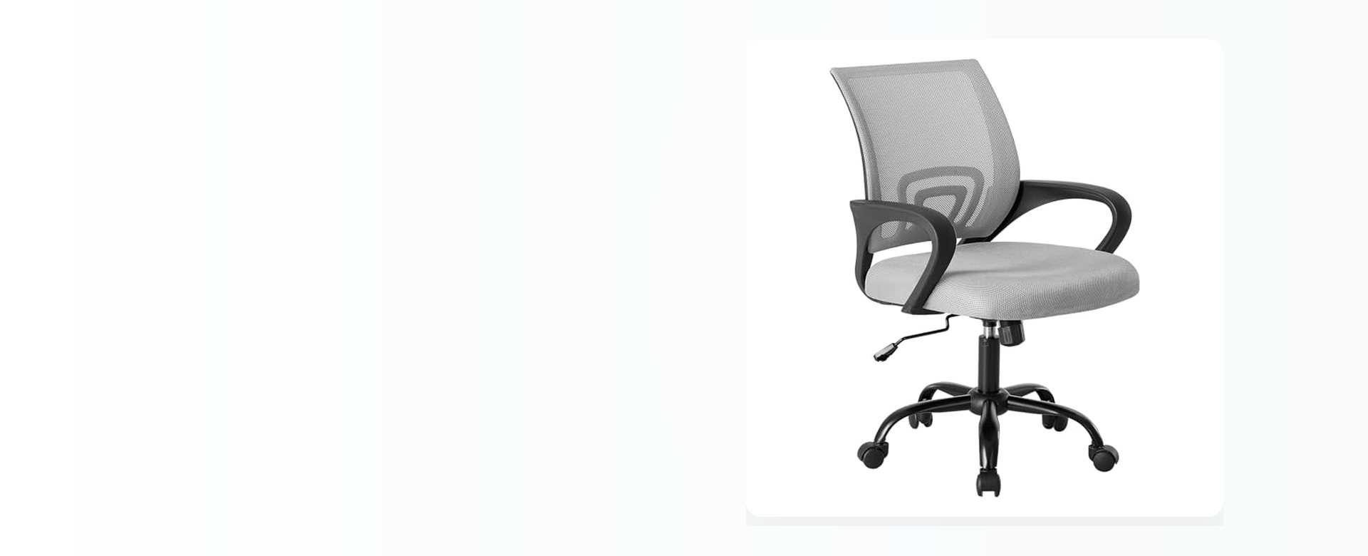 A grey mesh office chair with padded arms and castors, photographed on a pale studio background.